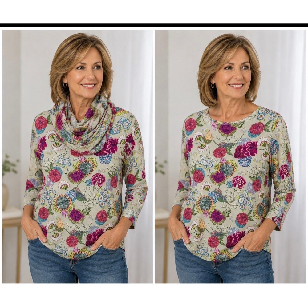 Leggiadro Womens‎ XL Floral 3/4 Sleeve Top Matching Scarf Luxury Garden Party
